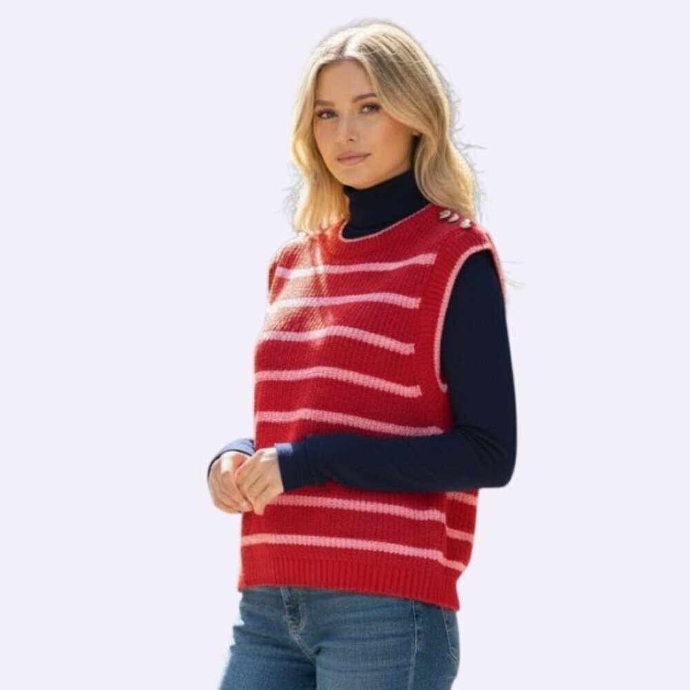 Kerri Rosenthal Anthropology Red Knit Vest Heart Buttons Stitch Smiley Sun M NWT